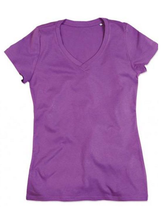camiseta-algodón-orgánico-mujer-cuello-V-lila | camisetasecologicas.es