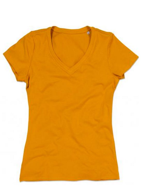 camiseta-algodón-orgánico-mujer-cuello-V-mostaza | camisetasecologicas.es